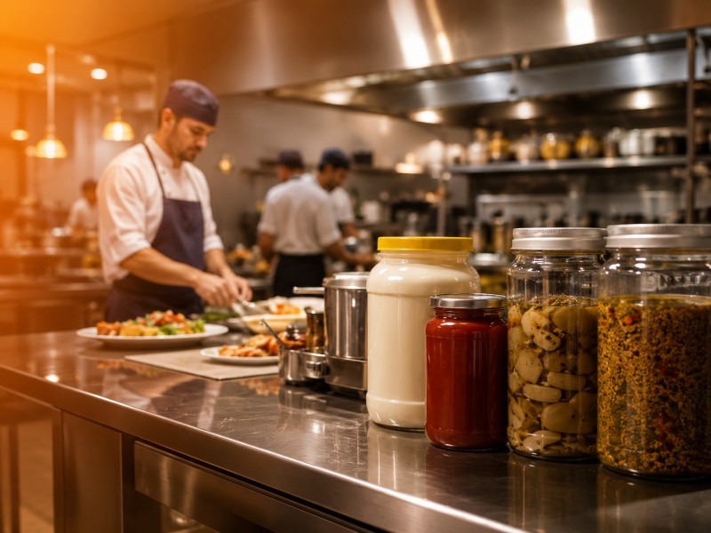 Foodservice supply scenario with bulk packaging and kitchen use
